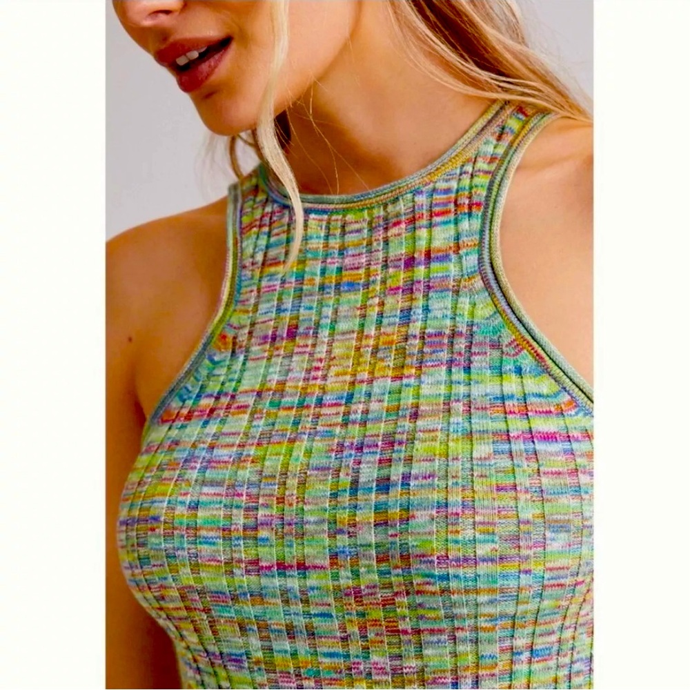 NWOT Anthropologie Green Rainbow Multicolor Knit High Neck Tank Top Size M
